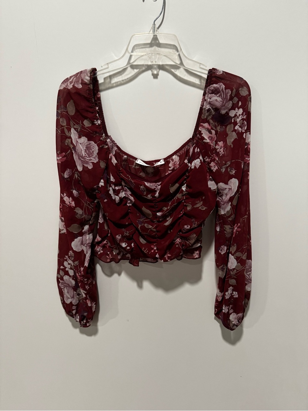 Altar'd State Burgundy Floral Ruched Long-Sleeve Crop Top